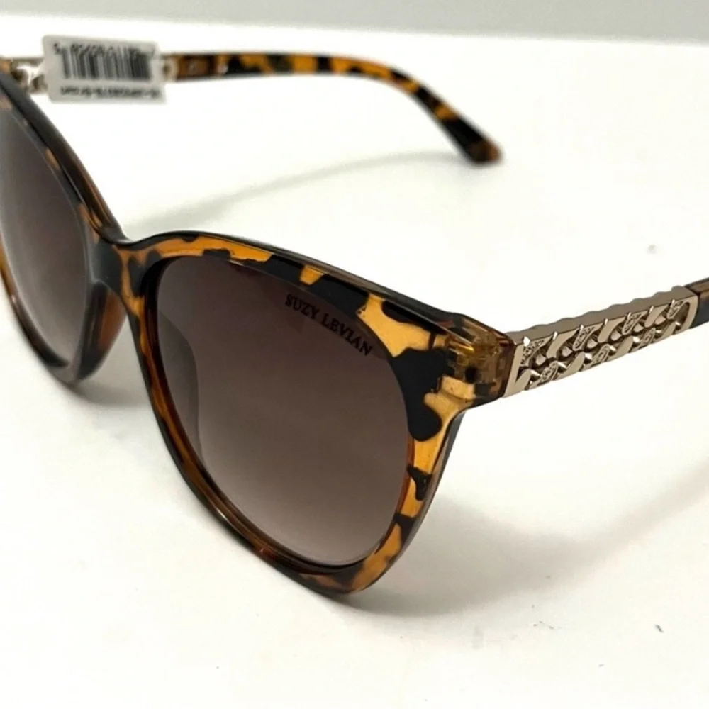 NWT Suzy Levian Brown Tortoise Frame Gold Chain Oversized Sunglasses UV 100%